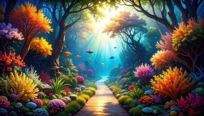 Poster - Vibrant Pathway Through an Underwater Garden of Coral and Sea Life