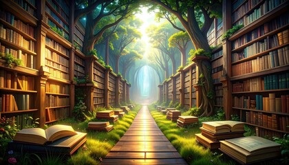 Poster - Whimsical Pathway of Giant Books in a Magical Library Setting