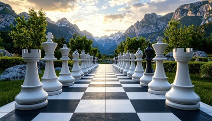 Poster - Whimsical Pathway of Giant Chess Pieces in Surreal Landscape
