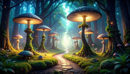 Poster - Whimsical Pathway through Giant Mushrooms in a Magical Forest