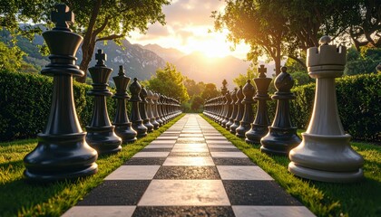 Poster - Whimsical Pathway of Giant Chess Pieces in a Surreal Landscape