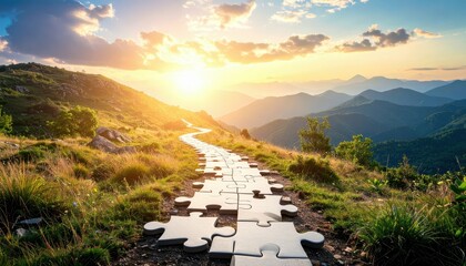 Poster - Whimsical Pathway of Giant Puzzle Pieces in Surreal Landscape