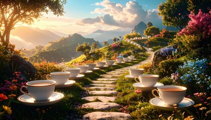 Poster - Whimsical Pathway of Giant Teacups and Saucers in Surreal Landscape