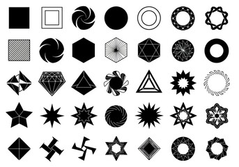 Poster - A versatile collection of black and white vector icons, featuring a variety of shapes, symbols, and decorative elements like hearts, stars, and flowers, perfect for web design and logo illustration