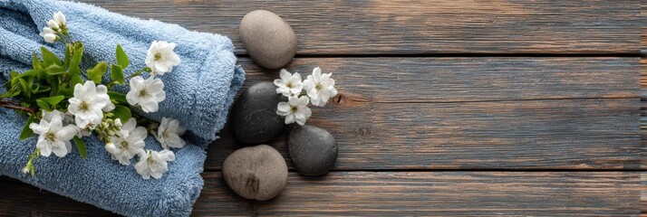 Poster - Relaxing Spa Setup Featuring Soothing Stones, Fresh Flowers, and a Warm Towel on a Rustic Wooden Table