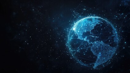 Poster - Digital Earth, a network of light and lines connecting continents on a dark cosmic backdrop