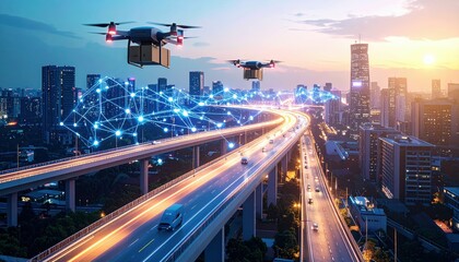 Poster - Elevated Pathway in Futuristic City with Automated Delivery Drones