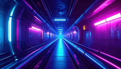 Poster - Futuristic Underground Pathway with Glowing Pipes and Wires