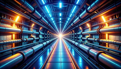 Poster - Futuristic Underground Pathway with Glowing Pipes in a City