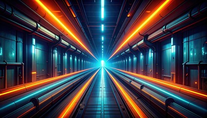 Poster - Futuristic Underground Pathway with Glowing Pipes and Wires