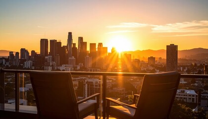 Poster - Sunset Cityscape with Silhouetted Buildings and Warm Hues