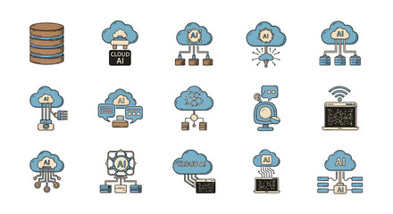 Poster - Vector icons Set of  Cloud AI System Icons Diverse Networked Illustrations. Vector Illustrations