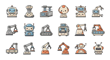 Poster - Vector icons Set of  Collection of Cute Cartoon Robots and Robotic Arms. Vector Illustrations