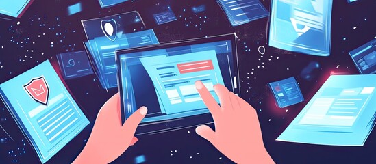 Poster - Hands interacting with digital documents on a transparent tablet in a futuristic, digital environment