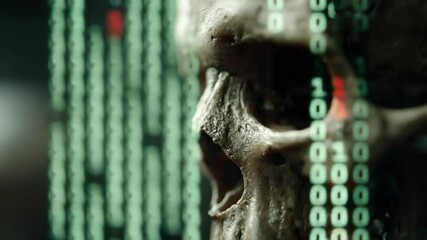 Skull Illuminated by Binary Code, a Digital Reflection on Mortality in the Digital Age