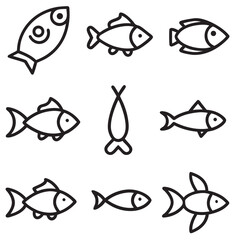 Leinwandbilder - Nine Black Line Art Fish Illustrations White Background