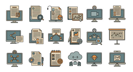 Poster - Vector icons Set of  Collection of Flat Icons Representing Digital Workflows and Communication Tools. Vector Illustrations