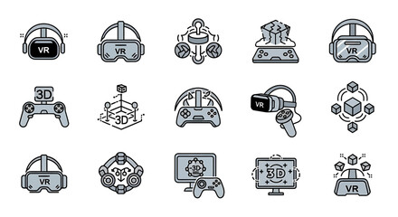 Poster - Vector icons Set of  Collection of Grey Virtual Reality and 3D Icons. Vector Illustrations