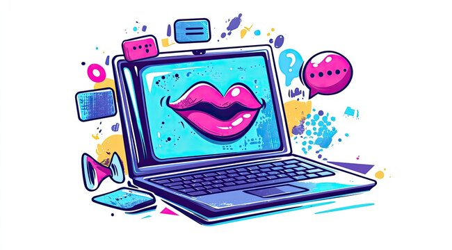 Laptop with stylized lips, chat bubbles, and graphic elements
