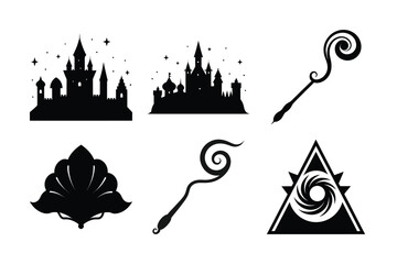 Wall Mural - fantasy castle and magical objects silhouette icons