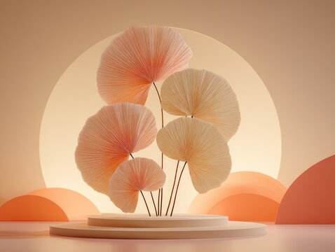Pastel-toned 3D scene with stylized, fluffy leaves on a platform. Soft light highlights a group of delicate, pale peach and beige, fan-shaped leaves on a light beige pedestal