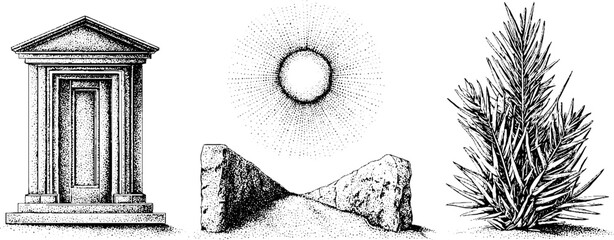 Poster - Geometric structures and minimalist landscapes with architectural and natural elements
