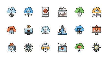 Poster - Vector icons Set of  Colorful AI Cloud Computing Icons Set Network Data and Technology Symbols. Vector Illustrations