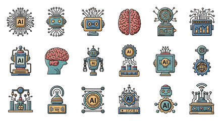 Poster - Vector icons Set of  Colorful Collection of AIRelated Icons Featuring Robots Brains and Circuitry. Vector Illustrations