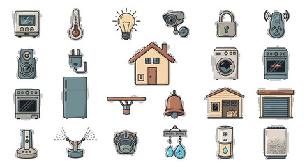 Poster - Vector icons Set of  Colorful Collection of Home Appliances and Smart Home Devices. Vector Illustrations