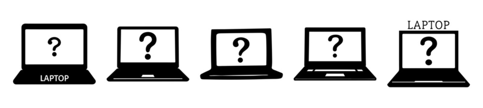 multiple stylized laptop icons featuring a question mark on the screen