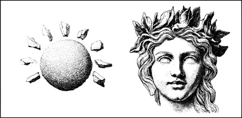 Wall Mural - Surreal visions: geometric sun and flowing hair in classic face design