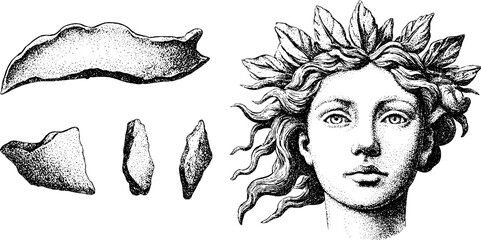 Poster - Surreal face with flowing hair and geometric elements for creative design