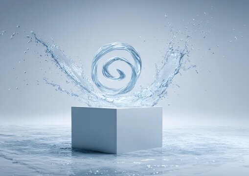 Light blue water spiral splash over a white cube
