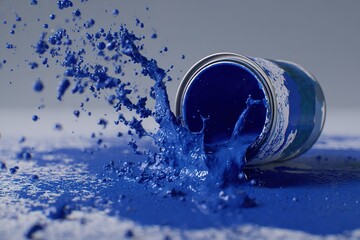 Poster - Dynamic splash of blue paint spills from an overturned can on a textured surface creating a creative scene