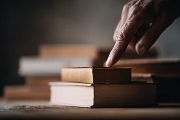 Poster - Finger touching the edge of a book on a stack of antique volumes in a softly lit room