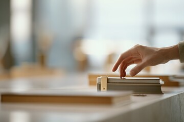 Poster - Hand placing a book carefully on a table in a well-lit modern library in the afternoon