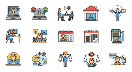 Poster - Vector icons Set of  Colorful Icons Depicting Remote Work Hybrid Models and Scheduling. Vector Illustrations