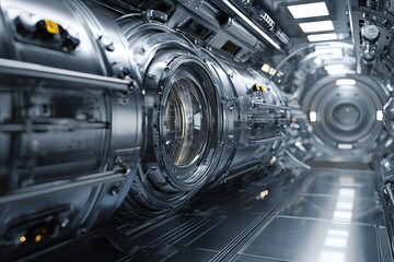 Poster - Futuristic interior of a space station showcasing advanced technology and sleek design