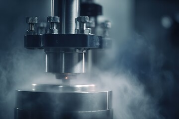 Poster - Precision machinery operates under steam in a high-tech workshop during the late evening hours
