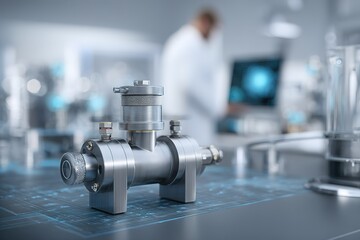Poster - Innovative design of a precision valve displayed in a modern laboratory setting with a scientist in the background