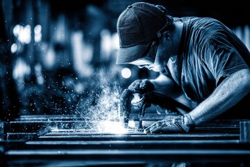 Poster - Skilled welder working meticulously on metal fabrication in a workshop during evening hours