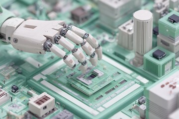 Poster - Robotic hand manipulating computer circuit in a futuristic technology laboratory setting