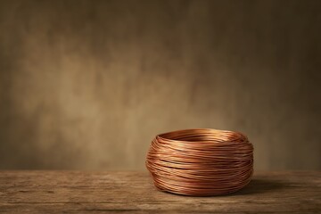 Poster - Copper wire coil displayed on a wooden surface against a rustic background in an artistic setting