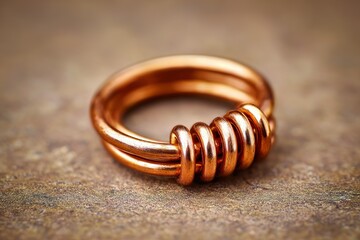Poster - Copper ring with multiple bands resting on textured surface in warm lighting