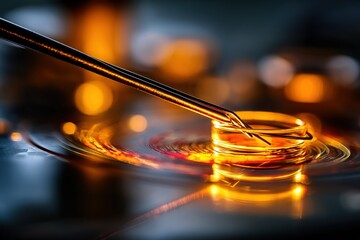 Poster - Close-up view of a precision tool adjusting a glowing glass ring in a workshop setting during the evening