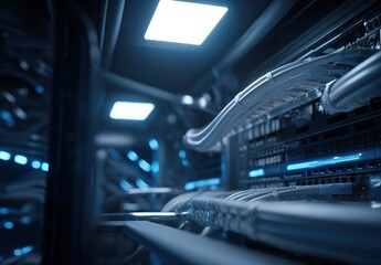 Poster - High-tech data center with illuminated cables and advanced server equipment at night