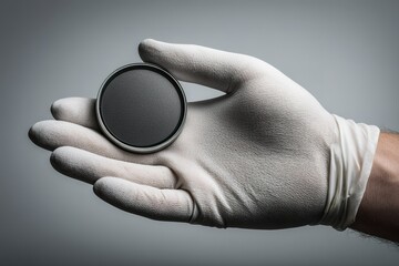 Poster - Hand in white glove holds a circular black object against a neutral grey background in a studio setting