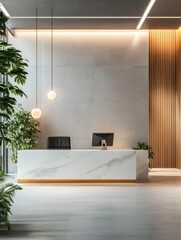 Poster - Minimalist reception interior lobby with desk and pc computer, information center. Registration and office check-in space in company or hotel lobby. Mock up empty copy space wall