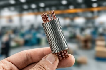 Poster - Manufacturing worker holding copper wire coil in a production facility with machinery in the background