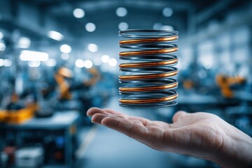 Poster - Metallic spring held above hand in modern industrial workshop showcases advanced manufacturing technology
